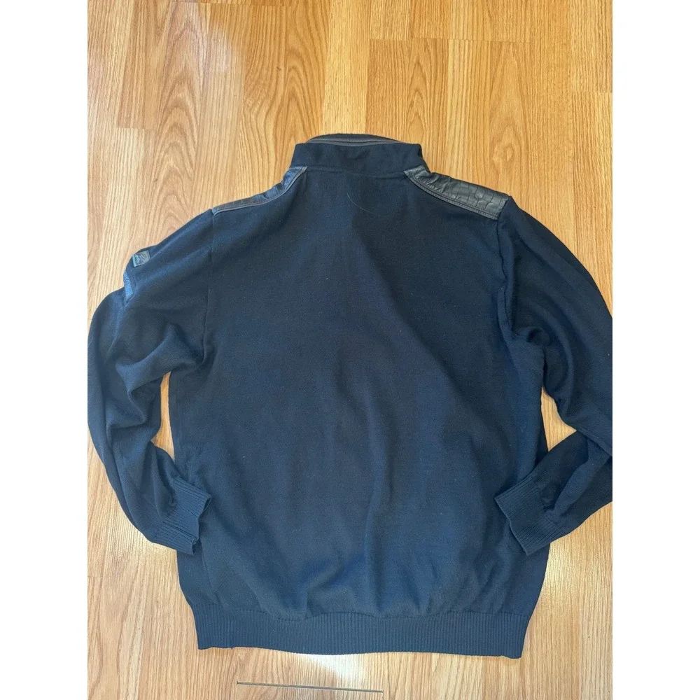 Paul & Shark Yachting Mens Black Wool Quarter Zip Sweater Leather Trim Large